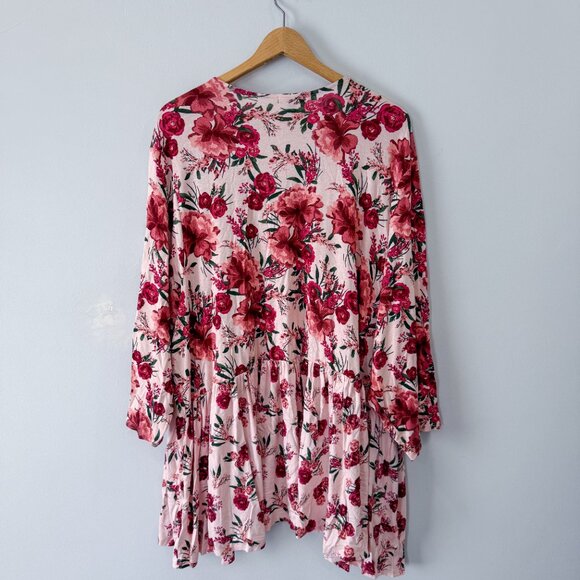 Torrid Pink Floral Tie-Front Peplum Cardigan – 6X | Boho Floral Layering Kimono - Picture 3 of 7